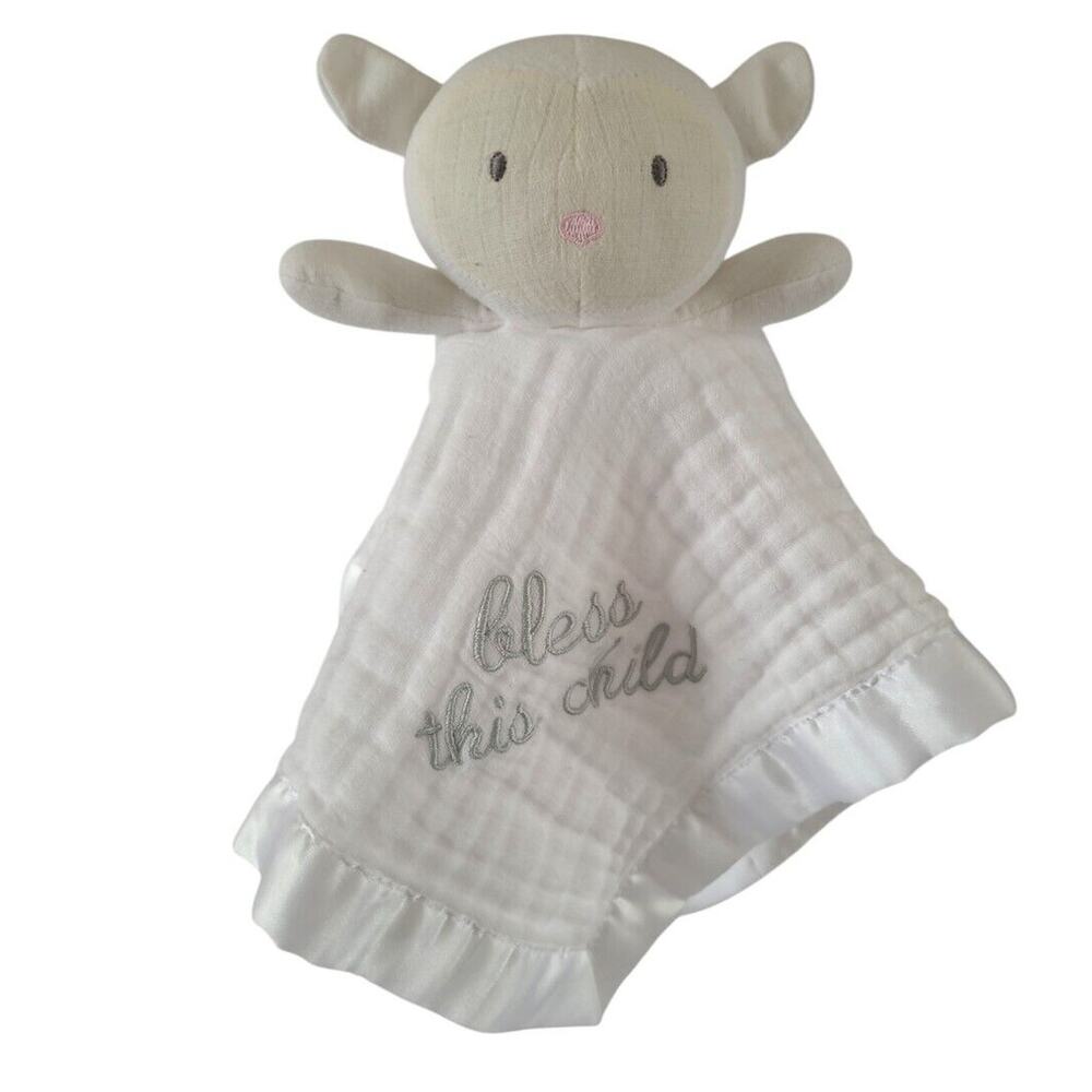 C. R. Gibson Bless This Child White Lamb Muslin Baby Blanket Satin Lovey Lovie